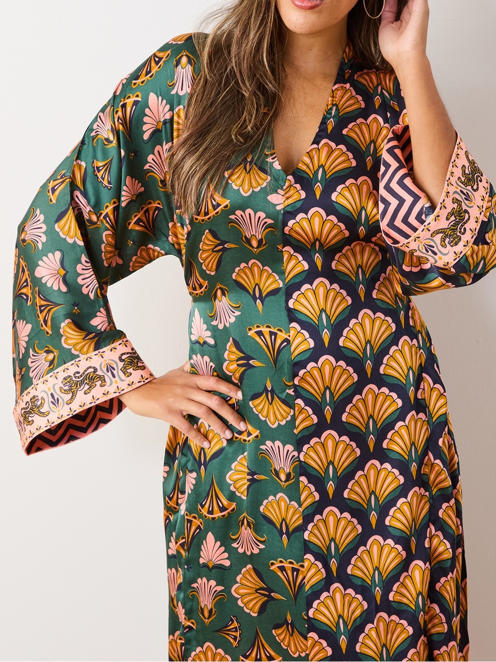 Printfresh wrap-style Green & Pink Printed Midi Dress